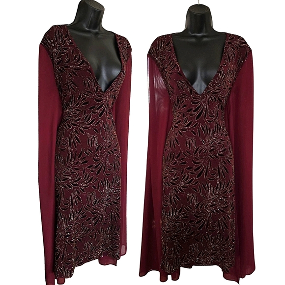 Auditions Dresses & Skirts - ☆Auditions Burgundy & Gold Glitter Draped Long Sleeve Evening Dress☆